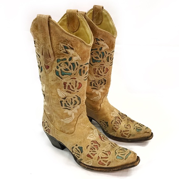 Corral Shoes - Corral Rose Inlaid Leather Cowboy Boots Size 9